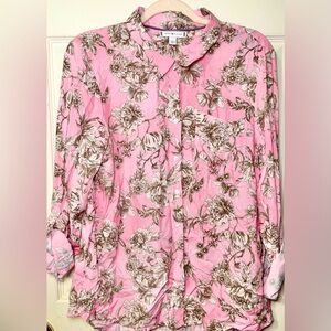 Tommy Hilfiger Pink Floral Button Down Long Sleeve Point Collar Blouse Size L